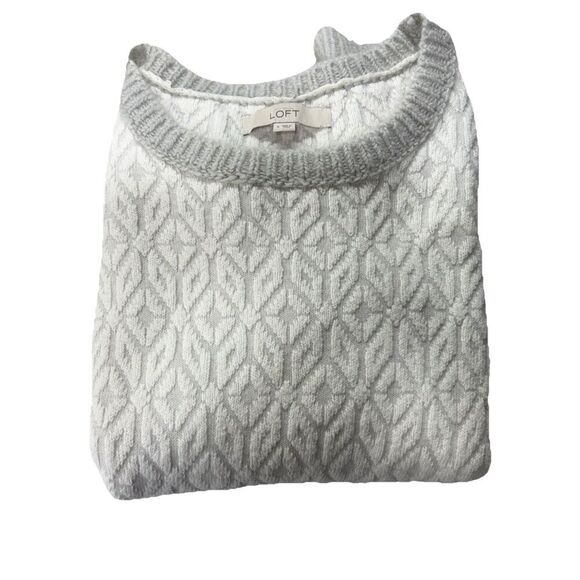 LOFT Womens Textured Diamond Knit Sweater S  Nylon Mohair Wool Blend White Gray - Picture 13 of 13